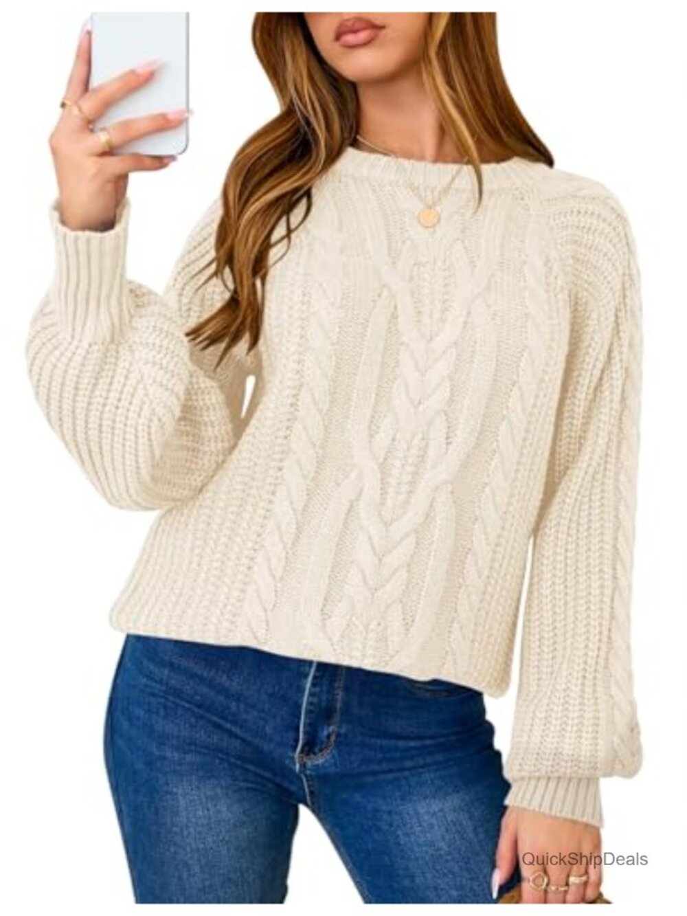 Oversized Chunky Cable Knit Crew Neck Long Sleeve Pullover Sweater